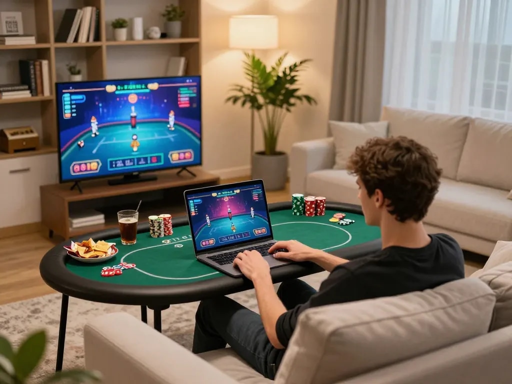 Player engaged in online poker gameplay on lc88 platform at home, showcasing strategic gameplay and comfort