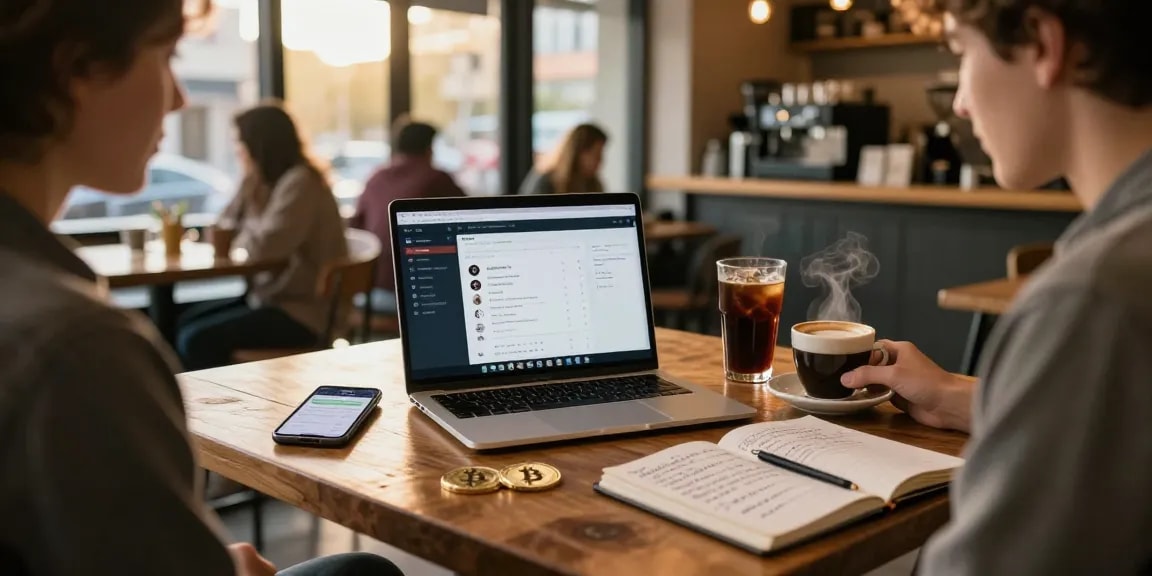 Engaging bitcoin mining platform dashboard in a cozy coffee shop setting, showcasing cryptocurrency wallet and blockchain research.
