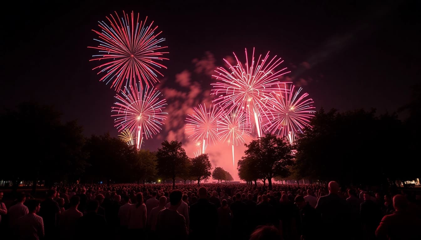 Spectators enjoying a spectacular manchester fireworks display in a festive atmosphere.