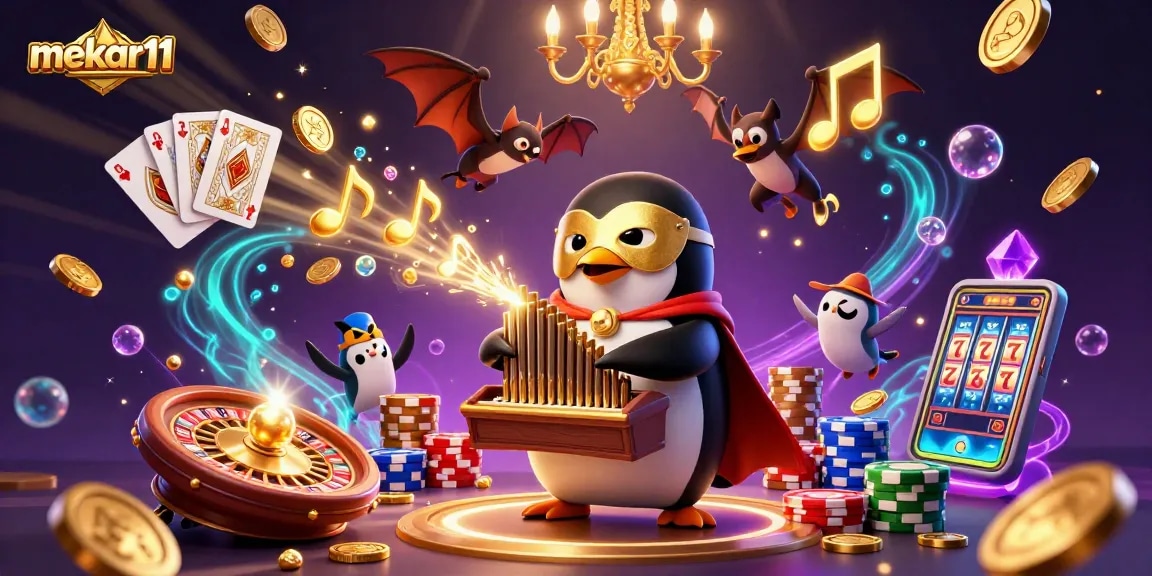 Mekar11's 3D casino world comes alive with a phantom penguin organist shooting golden coins.