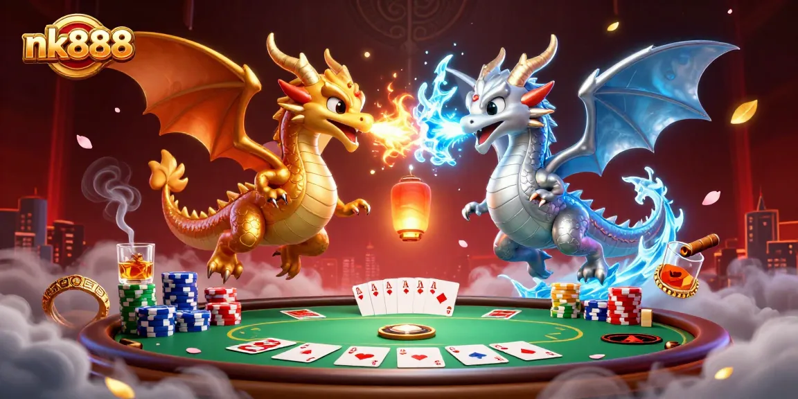 Engage in thrilling gameplay with nk888, featuring dynamic dragons and poker elements in a vibrant casino scene.