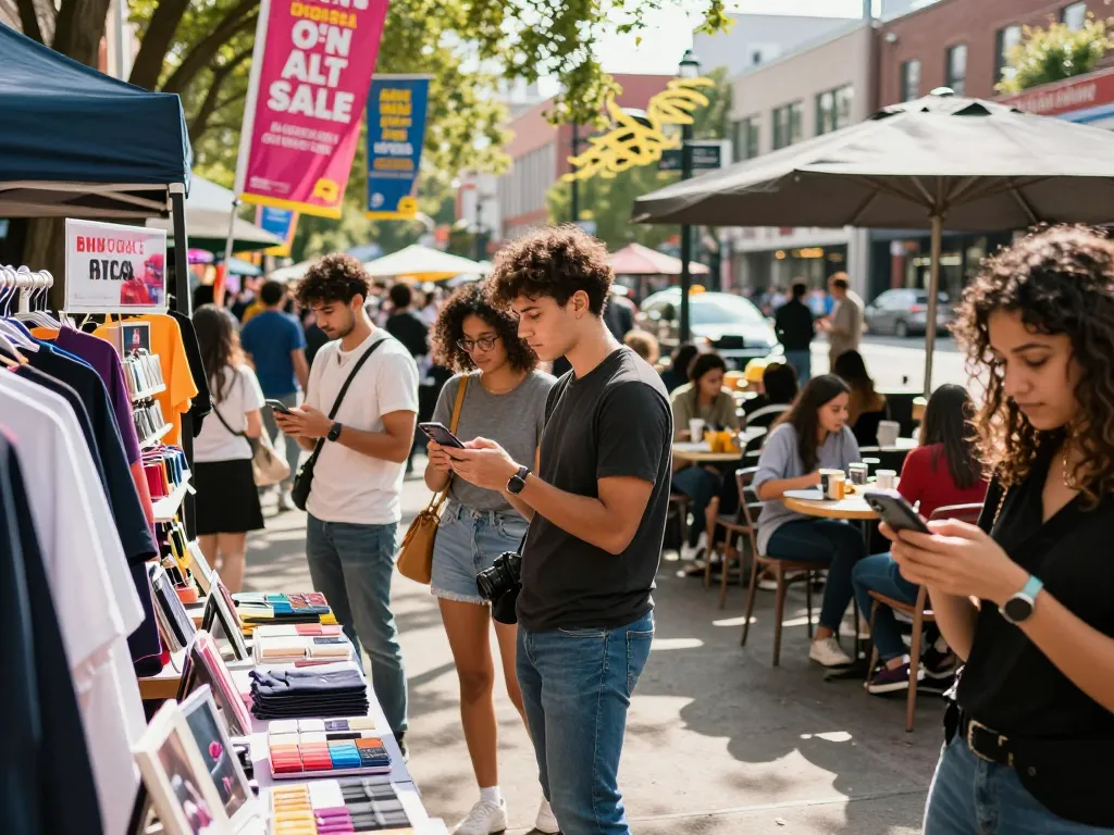 Young shoppers engaging in social shopping, showcasing how Social Shopping Is Exploding in vibrant urban market.