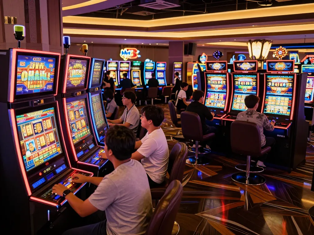 Players engaging with colorful slot gacor machines, celebrating wins in lively casino atmosphere