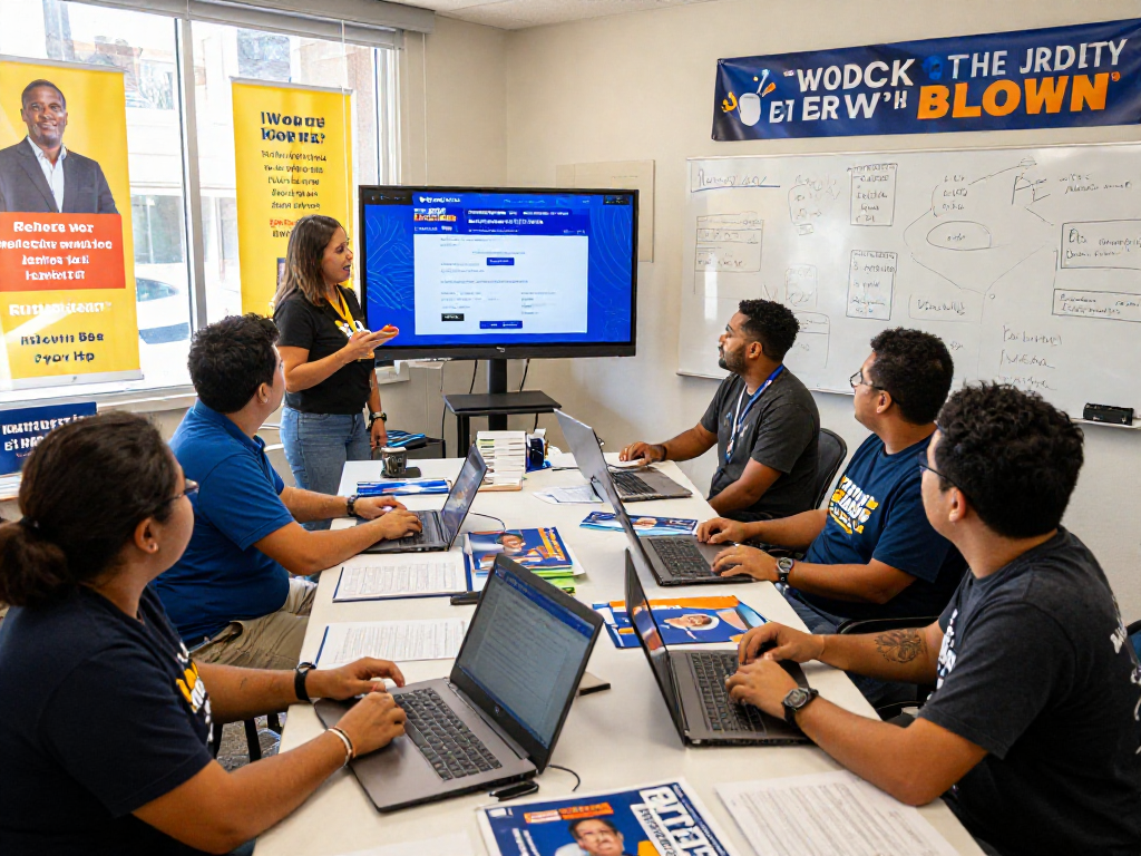 Engaged campaign team discussing online donation page for campaign with laptops and vibrant banners.