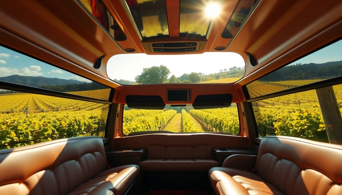 Experience a luxurious limo bus wine tour featuring opulent interiors and scenic vineyard views.