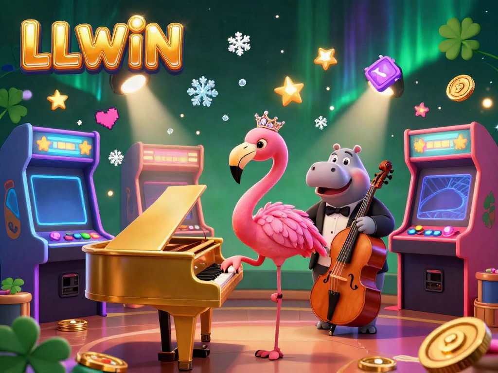 Experience immersive gaming at LLWIN with a vibrant casino atmosphere featuring musical animals and colorful arcade elements.