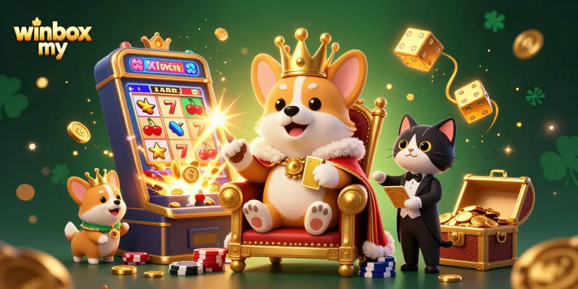 Experience winbox my's festive jackpot scene filled with vibrant casino elements and animated characters.