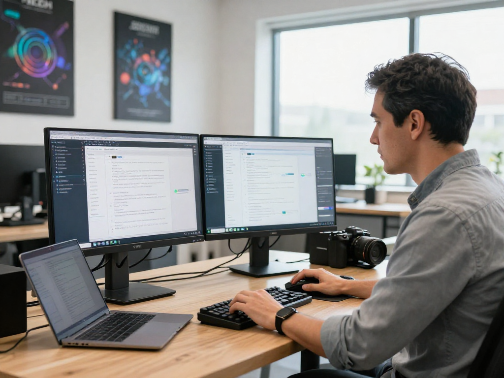 Developer utilizing an ai image detector for content moderation in a tech office