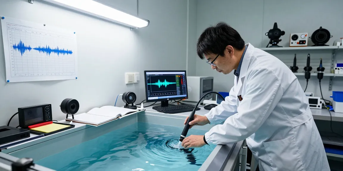 Marine scientist calibrating a hydrophone in an acoustics research lab for underwater sound analysis.