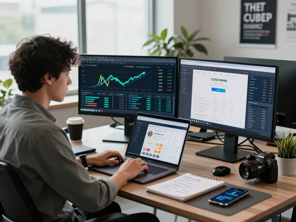 Analyzing the best cloud mining website in a modern digital workspace with advanced cryptocurrency data.