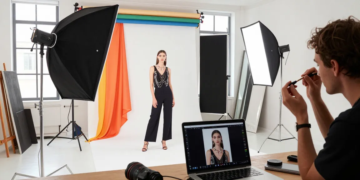 Studio fotografico Milano avec un photographe professionnel dirigeant un modèle en haute couture.