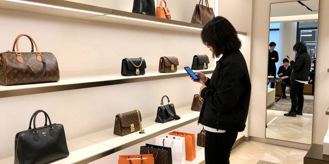 Shopper exploring premium 레플리카 handbags in a chic boutique, showcasing luxury style and elegance.