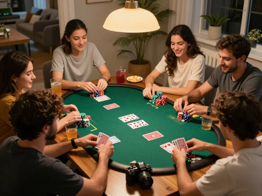Engaged friends playing poker with strategy over a game night showcasing slot depo 4k atmosphere