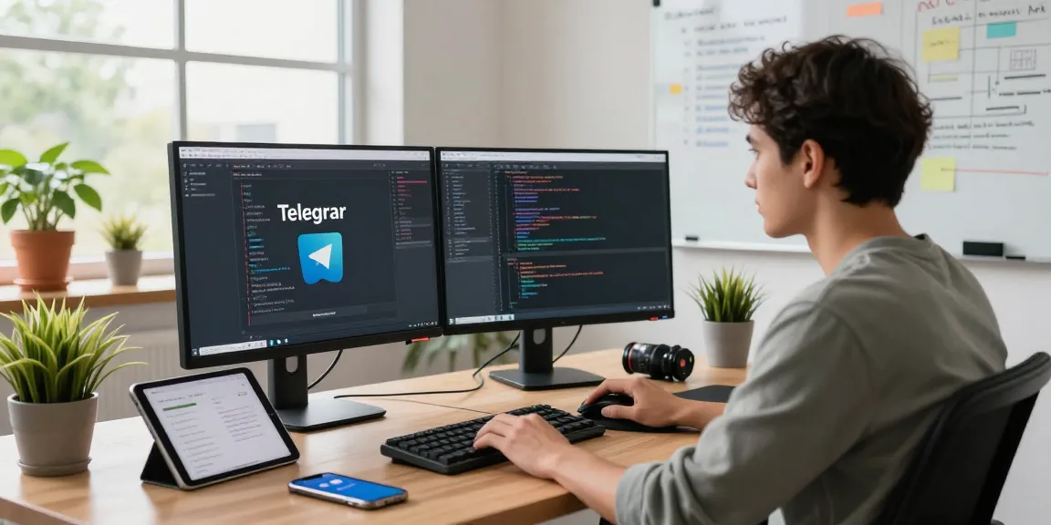 Engaging workspace with a developer coding Telegram features at their dual-monitor setup, showcasing the 纸飞机中文版官网 interface.