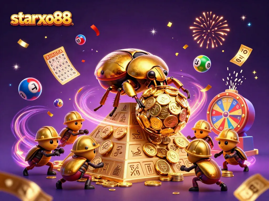 Engage with starxo88 as golden beetles roll coins amidst animated lottery balls and celebratory confetti.