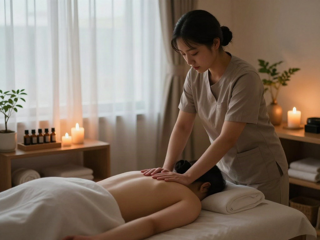 Relaxing 백석동출장마사지 therapy scene in a serene studio with candles and essential oils.