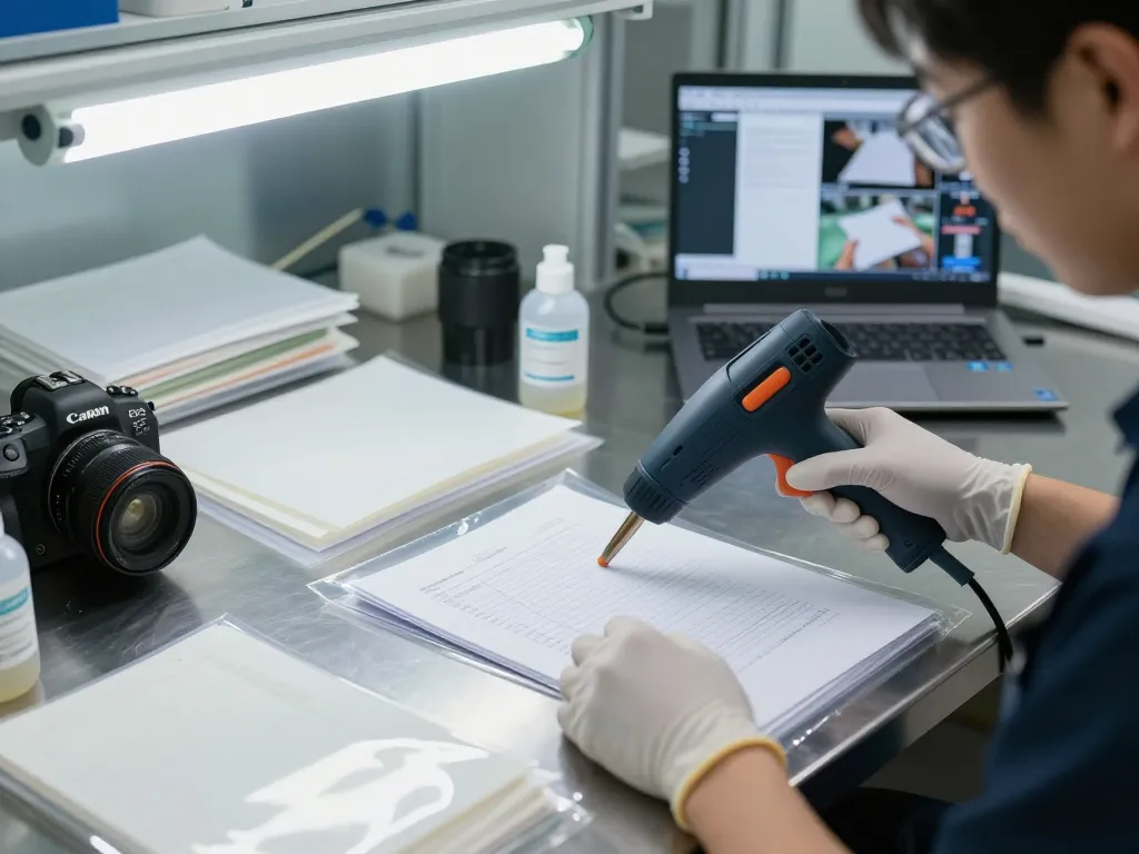 Cách bóc giấy ép không rách giấy in a modern workspace, technician removing plastic lamination safely.