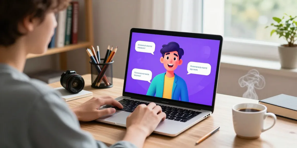 Engaging scene of a user interacting with a vibrant AI character on a laptop, illustrating a crush on AI in a cozy home office.