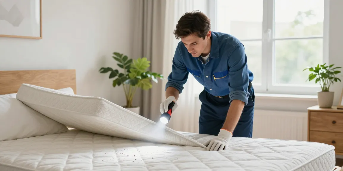 Exterminator conducting bed bug pest control inspection in a bright bedroom, ensuring a thorough and safe process.