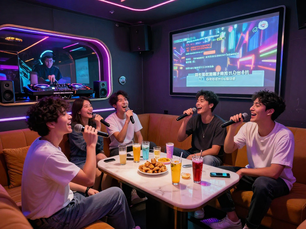 강남 달토에서 친구들과 함께 즐거운 노래를 부르는 화려한 가라오케 장면