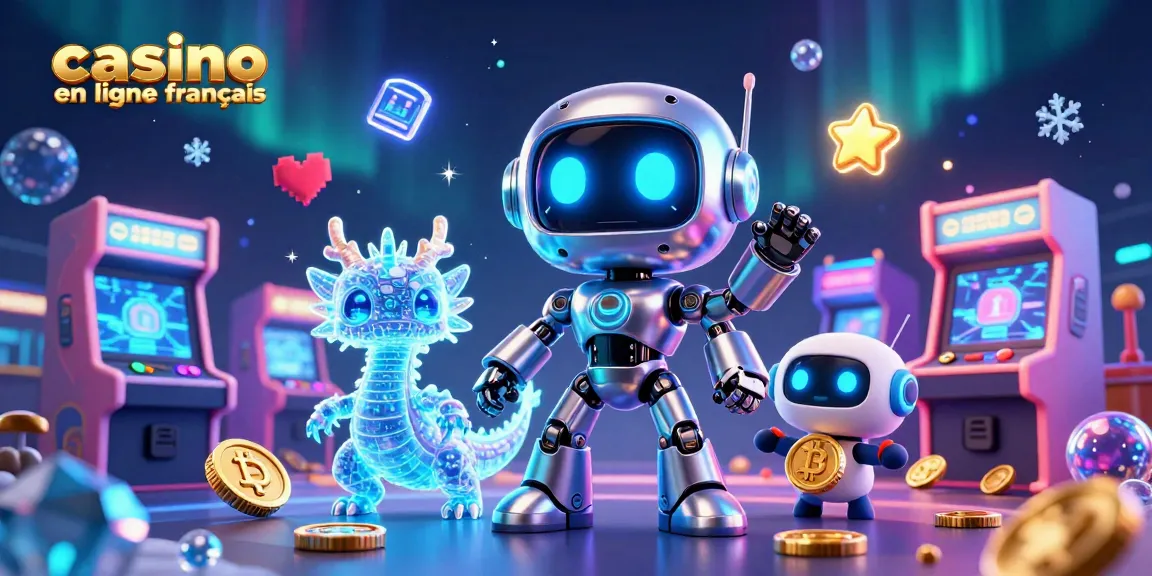 Illustration dynamique de casino en ligne francais avec robots et éléments de jeu colorés.