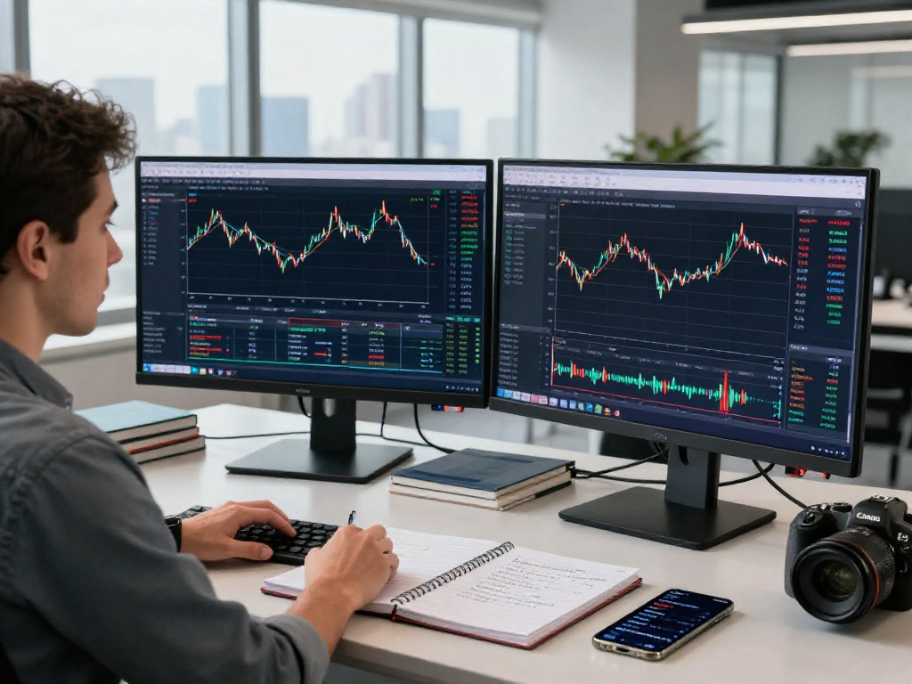 Trader using MetaTrader 5 in a modern office with dual monitors displaying market analysis and trading strategies.