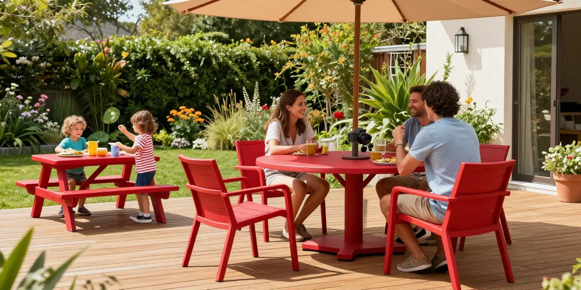 Patio furniture clearance sale with Lotus dining set and Kids Picnic Table in a sunny outdoor setting.