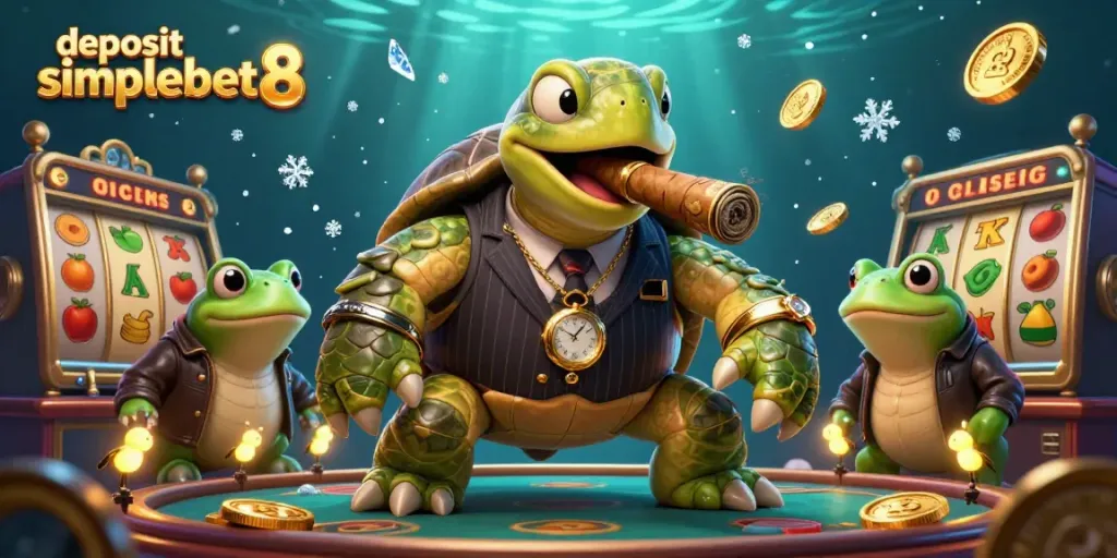 Experience the thrill of deposit simplebet8 with immersive slot games featuring a cartoon turtle and lively casino elements.