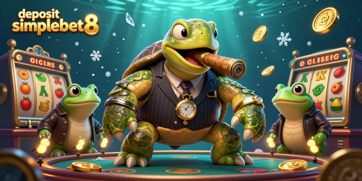 Experience the thrill of deposit simplebet8 with immersive slot games featuring a cartoon turtle and lively casino elements.