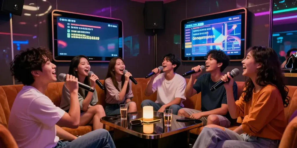 강남 달토에서 친구들과 함께 노래 부르는 즐거운 순간을 담은 사진