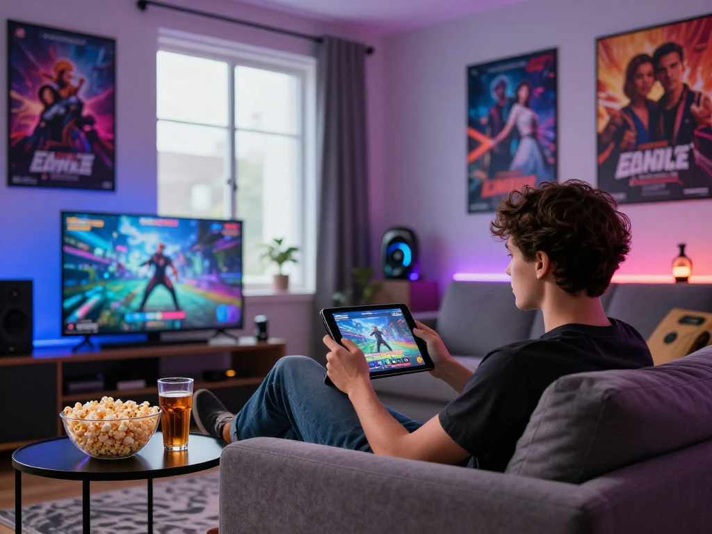 A person engaging with a porngame on a tablet in a stylish living room, complete with gaming decor and cozy ambiance.