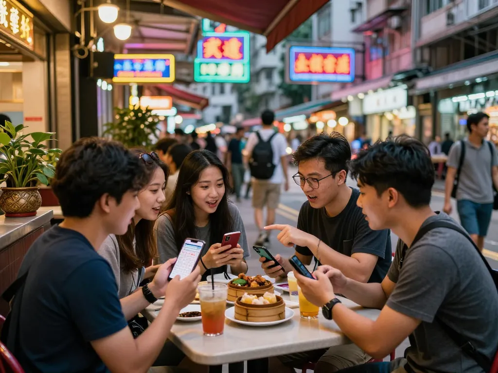 Friends enjoying dinner while discussing the latest Data HK lottery results at a Hong Kong café.
