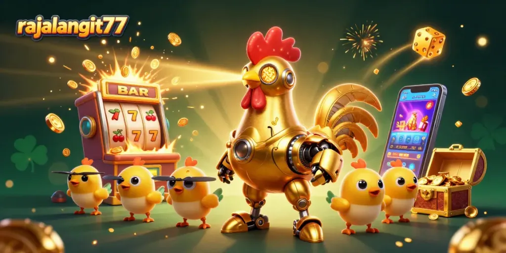 Raja Langit 77 menghadirkan permainan kasino yang menggembirakan dengan robot ayam dan drone, penuh kilau emas dan keceriaan.