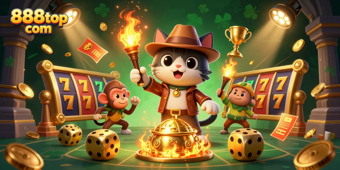 Experience the thrill at 888top com with a cartoon archaeologist cat discovering casino treasures amidst dynamic games.