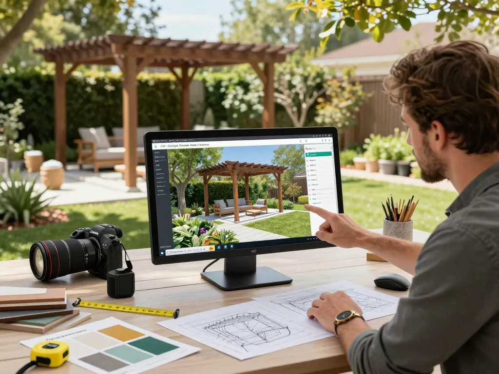 Interactive display of the Pergola Sales Software in use, showing vibrant 3D design options for customized outdoor structures.