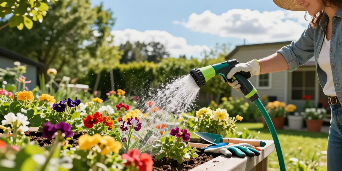 Using the best hose nozzle in a vibrant garden to maintain healthy plants.