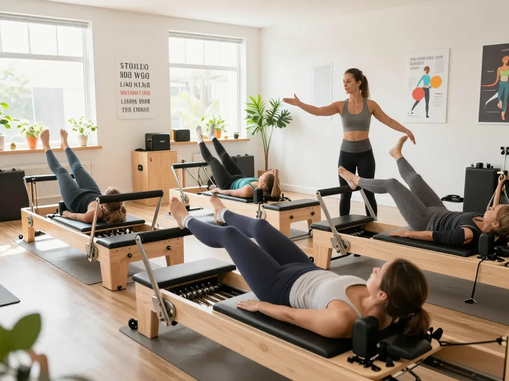 Zen Place Pilatesスタジオでの魅力的なリフォーマーピラティスクラス、活気に満ちた招待的なコミュニティの雰囲気を紹介。