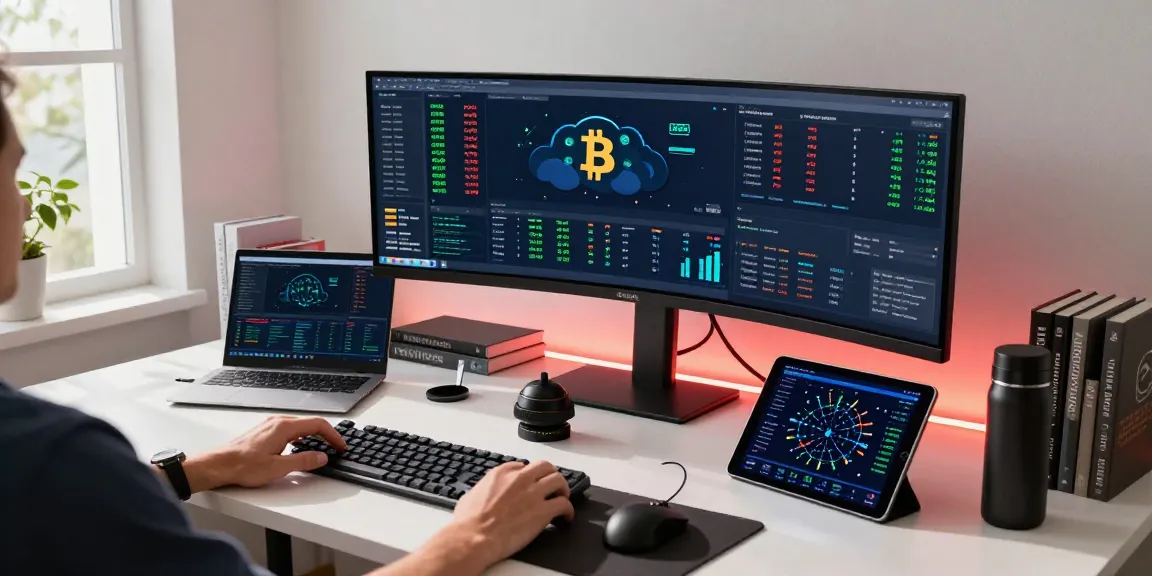 Mining Bitcoin online in a professional workspace featuring monitors, crypto dashboard, and security tools.