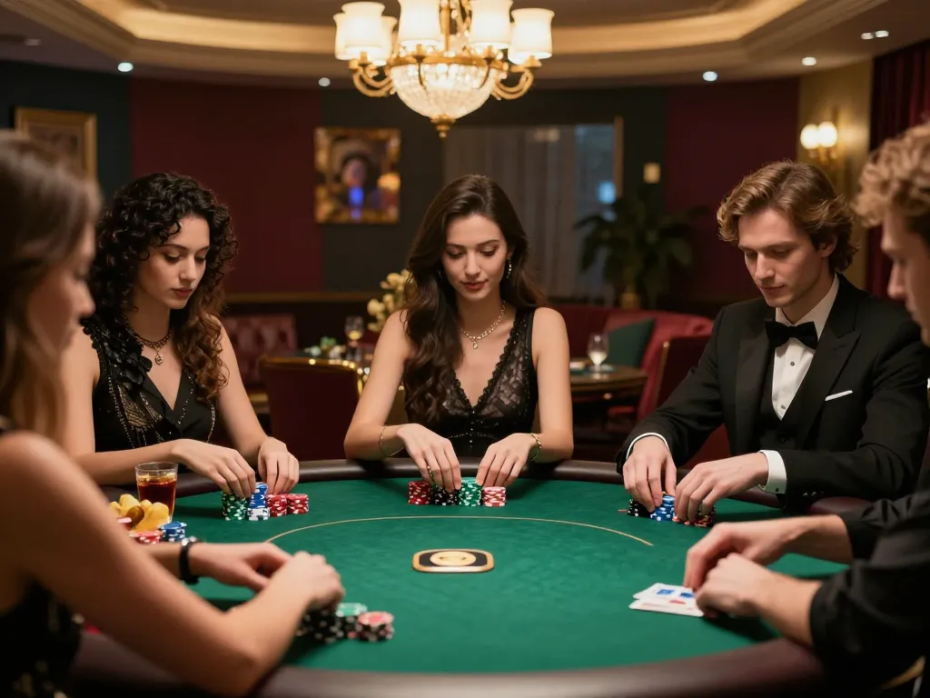 Players engaging in strategic betting at LC99 poker table in luxurious room, showcasing high-stakes atmosphere.