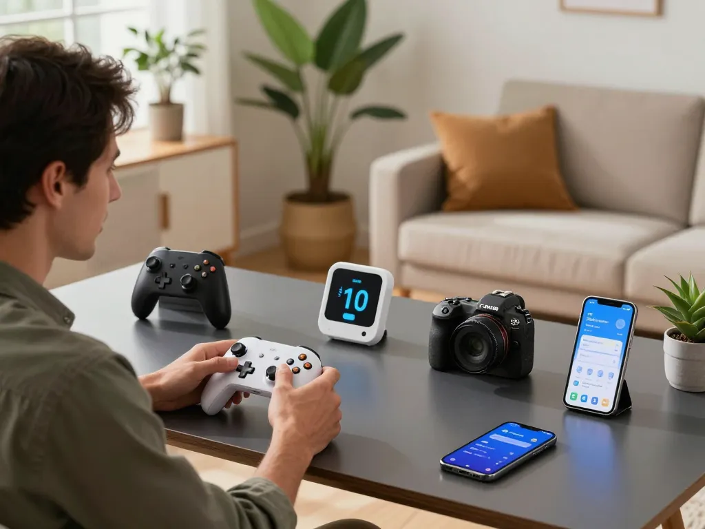 Tech enthusiast testing smart tech gadgets like Bluetooth devices in a cozy workspace.