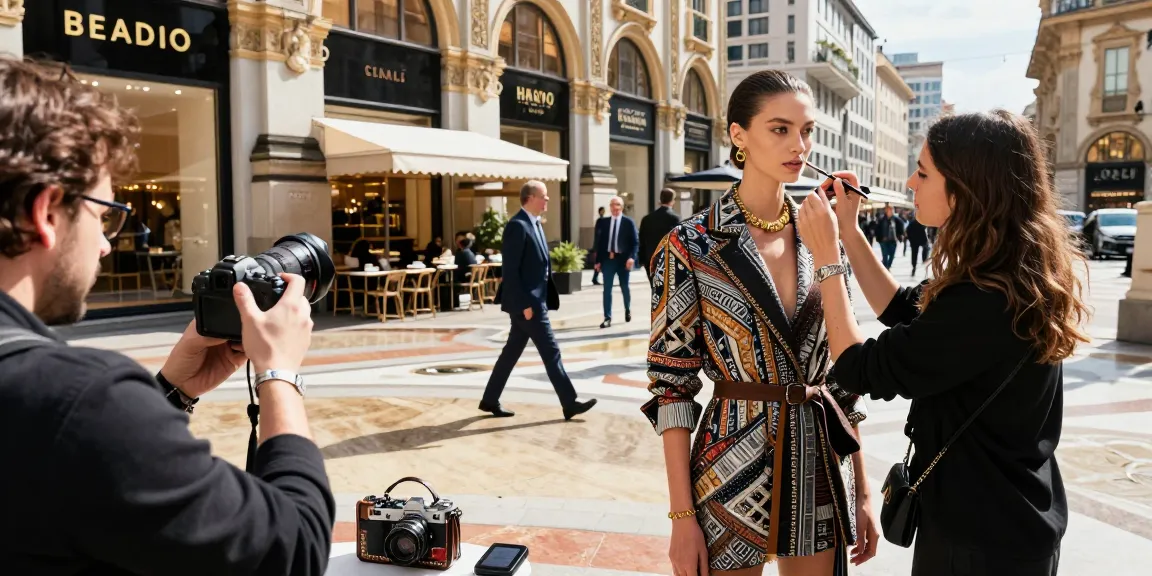 Fotografo professionista Milano in azione durante un servizio fotografico di moda, modello luminoso con accessori in un ambiente urbano chic.