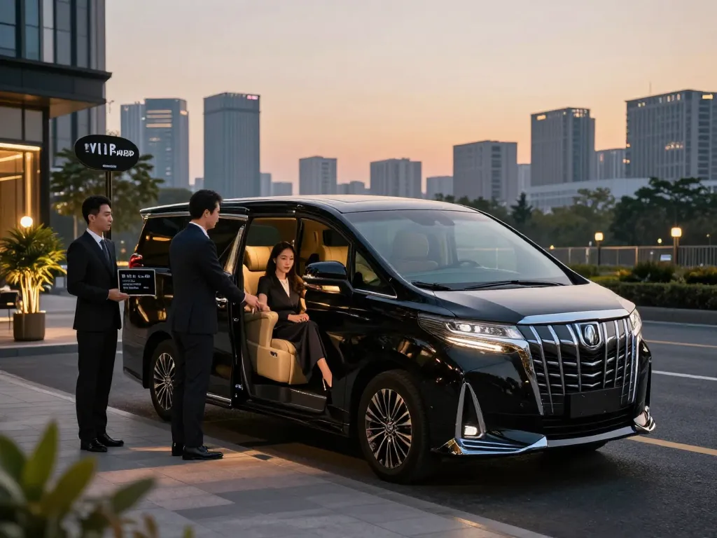 cho thuê xe Alphard cho các cặp đôi thanh lịch trong bối cảnh sang trọng, với một tài xế chuyên nghiệp mở cửa xe cao cấp.