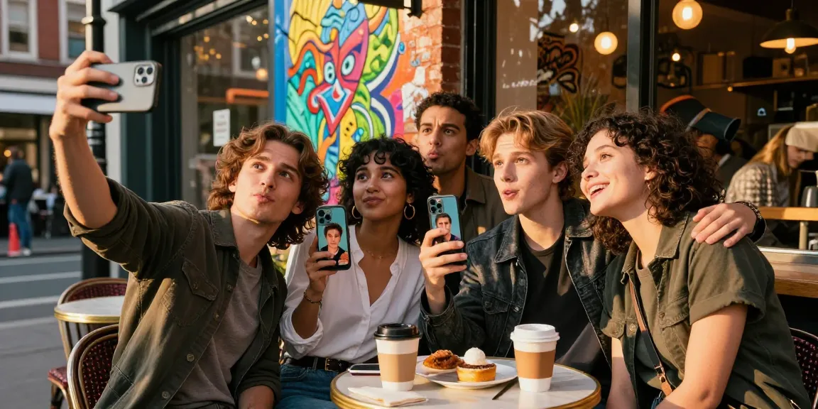 People comparing their look alikes of famous people outside a café using a smartphone app.