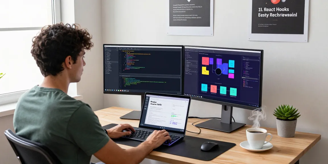 Learn React Hooks and Redux Toolkit within an inspiring software development workspace featuring code on monitors and a creative atmosphere.