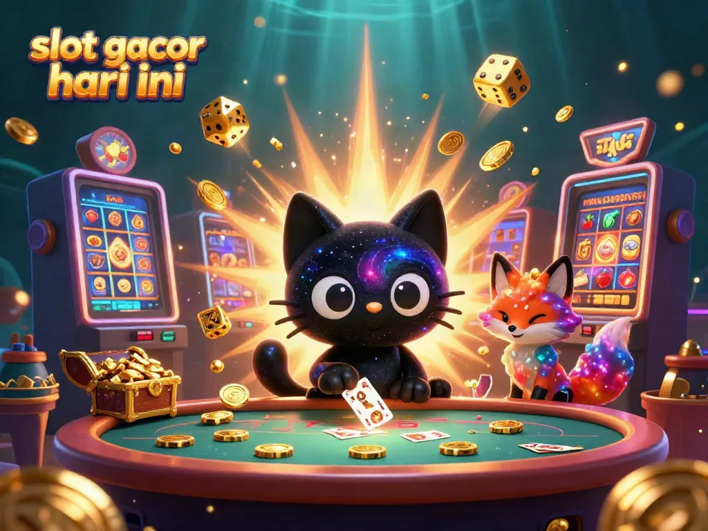Slot gacor hari ini, ilustrasi kucing hitam 3D menarik dengan mesin slot dan simbol keberuntungan.