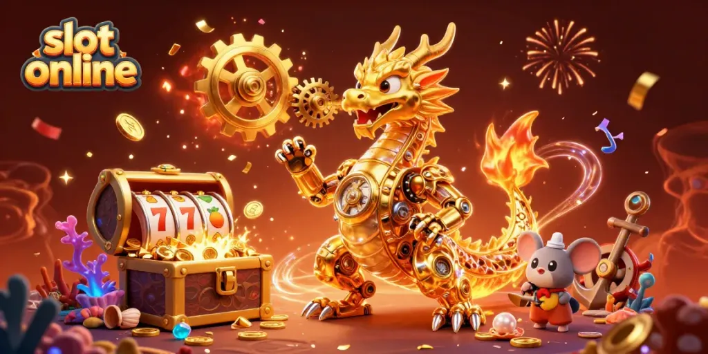 Experience thrilling slot online action with a golden dragon amidst treasure and game elements.