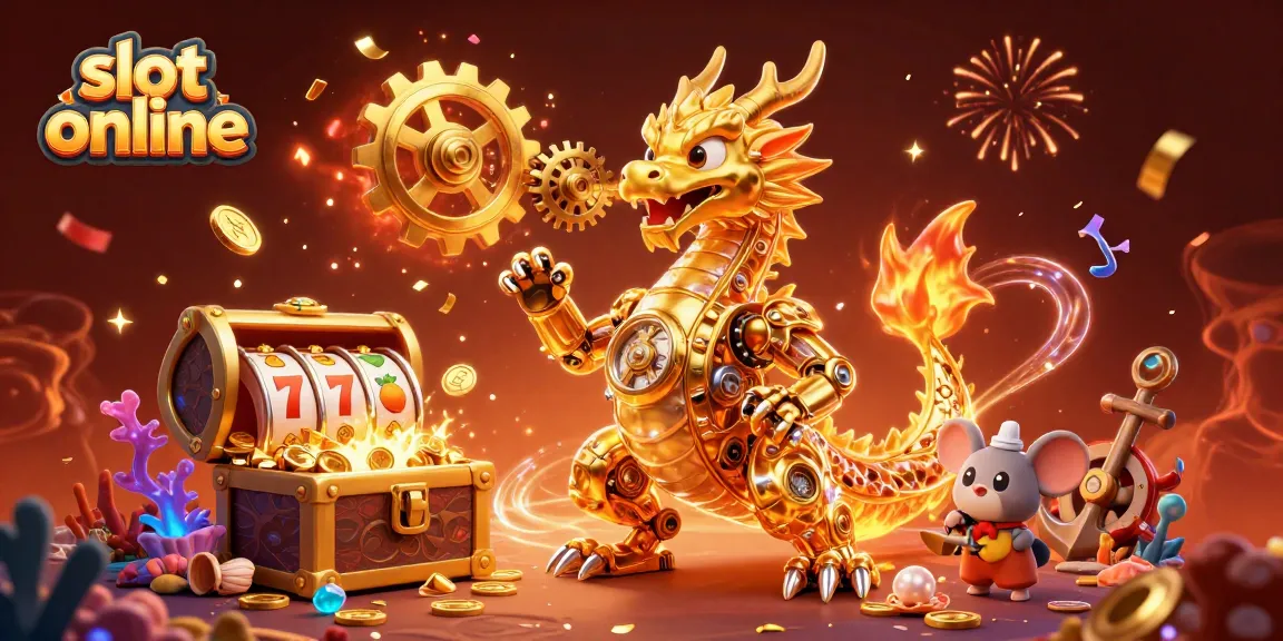 Experience thrilling slot online action with a golden dragon amidst treasure and game elements.