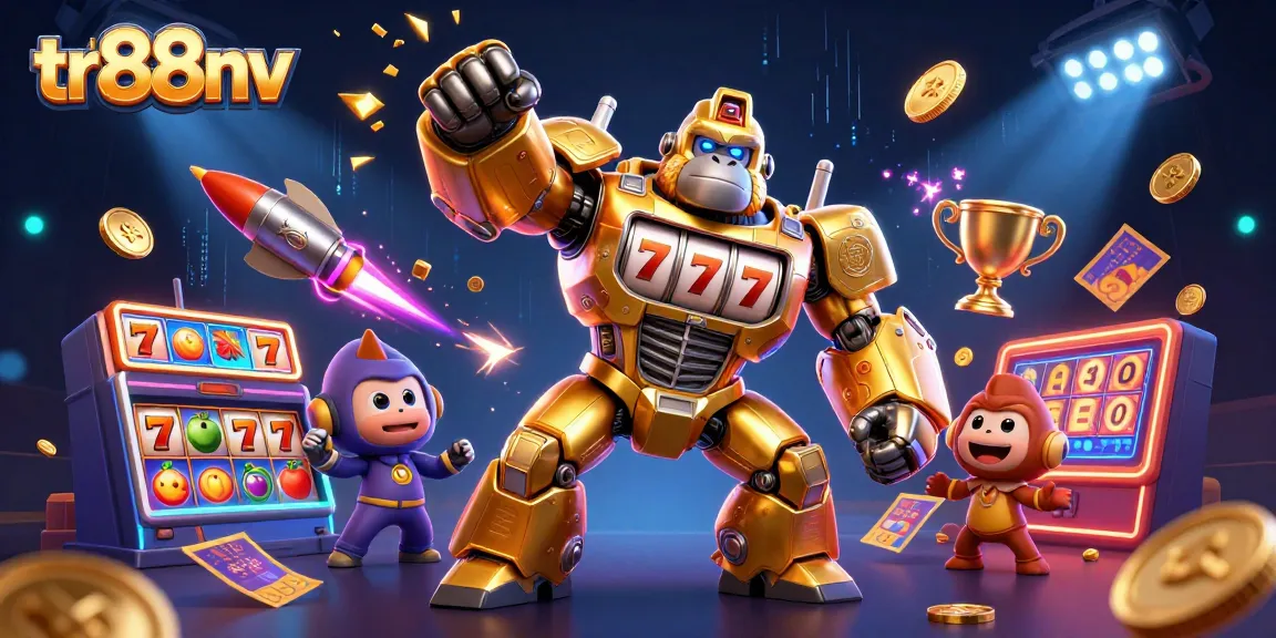 tr88nv showcases a vibrant slot machine mech with lucky 7s, coins, and sports elements.