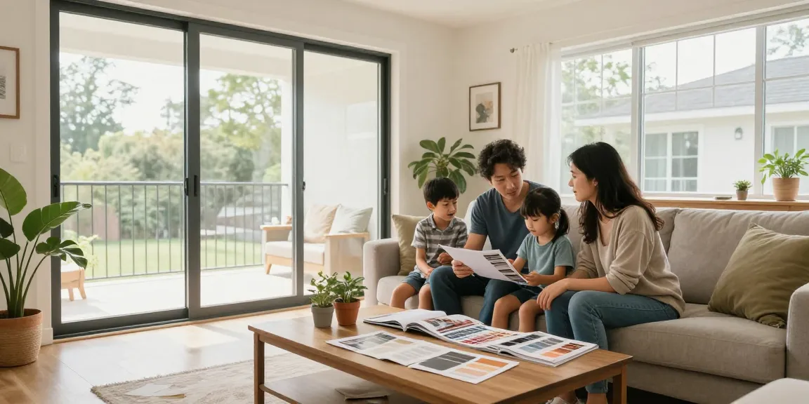 Family discussing home renovation ideas at abacasdoors.co.uk, showcasing stylish sliding glass doors and modern design.