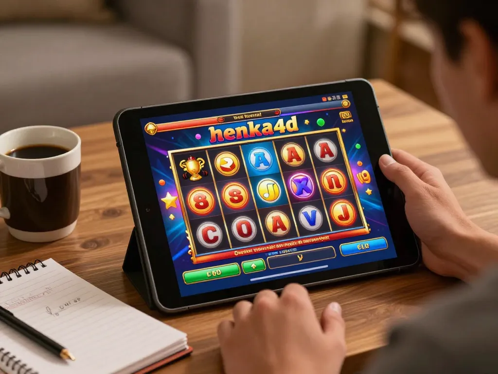 Pemain menikmati slot aneka4d di tablet di rumah, menampilkan antarmuka permainan yang cerah dan suasana yang nyaman.